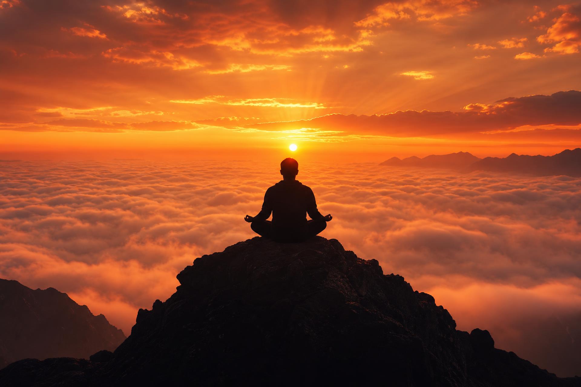 A person in silhouette meditating on a mountaintop at sunset — stillness of the mind, strength of the body
